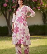 Floral Printed V-Neck Pure Cotton A-Line Kurta With Trousers