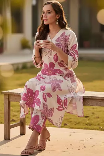 Floral Printed V-Neck Pure Cotton A-Line Kurta With Trousers