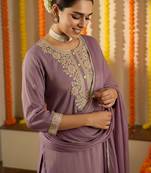 Floral Embroidered Thread Work Straight Kurta With Trouser & Dupatta