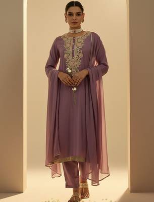 Floral Embroidered Thread Work Straight Kurta With Trouser & Dupatta 2