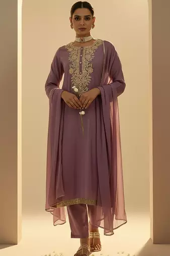 Floral Embroidered Thread Work Straight Kurta With Trouser & Dupatta