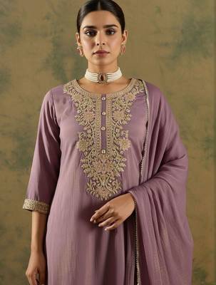 Floral Embroidered Thread Work Straight Kurta With Trouser & Dupatta 3