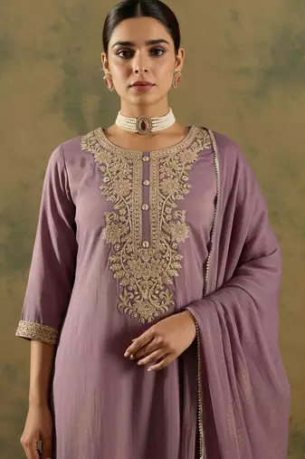Floral Embroidered Thread Work Straight Kurta With Trouser & Dupatta