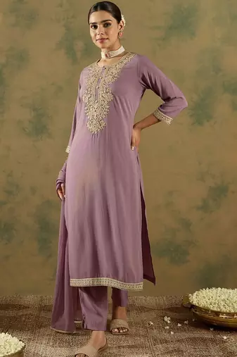Floral Embroidered Thread Work Straight Kurta With Trouser & Dupatta