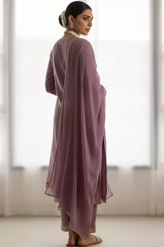 Floral Embroidered Thread Work Straight Kurta With Trouser & Dupatta
