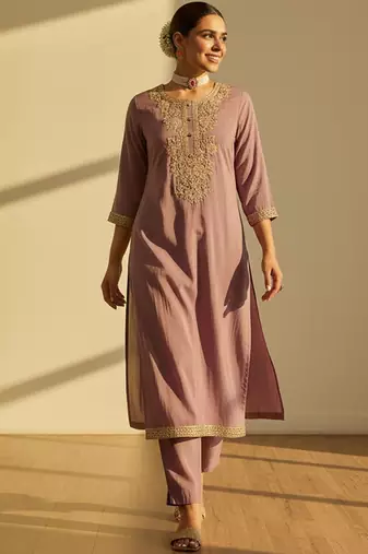 Floral Embroidered Thread Work Straight Kurta With Trouser & Dupatta