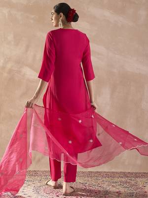 Ethnic Motifs Embroidered Thread Work Straight Kurta With Trousers & Dupatta 6