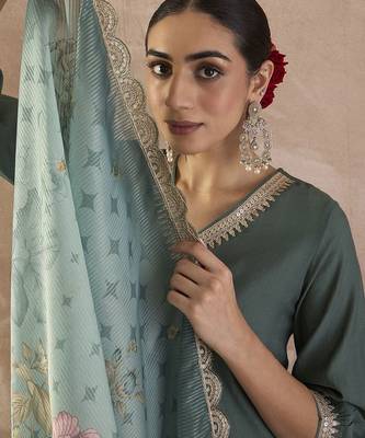 V-Neck Pleated Thread Work Straight Kurta With Trouser & Dupatta 1