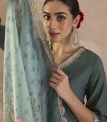 V-Neck Pleated Thread Work Straight Kurta With Trouser & Dupatta
