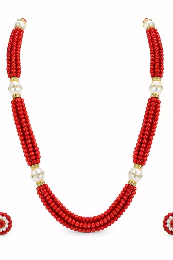Red coral bead multi-strand necklace set with pearl earrings