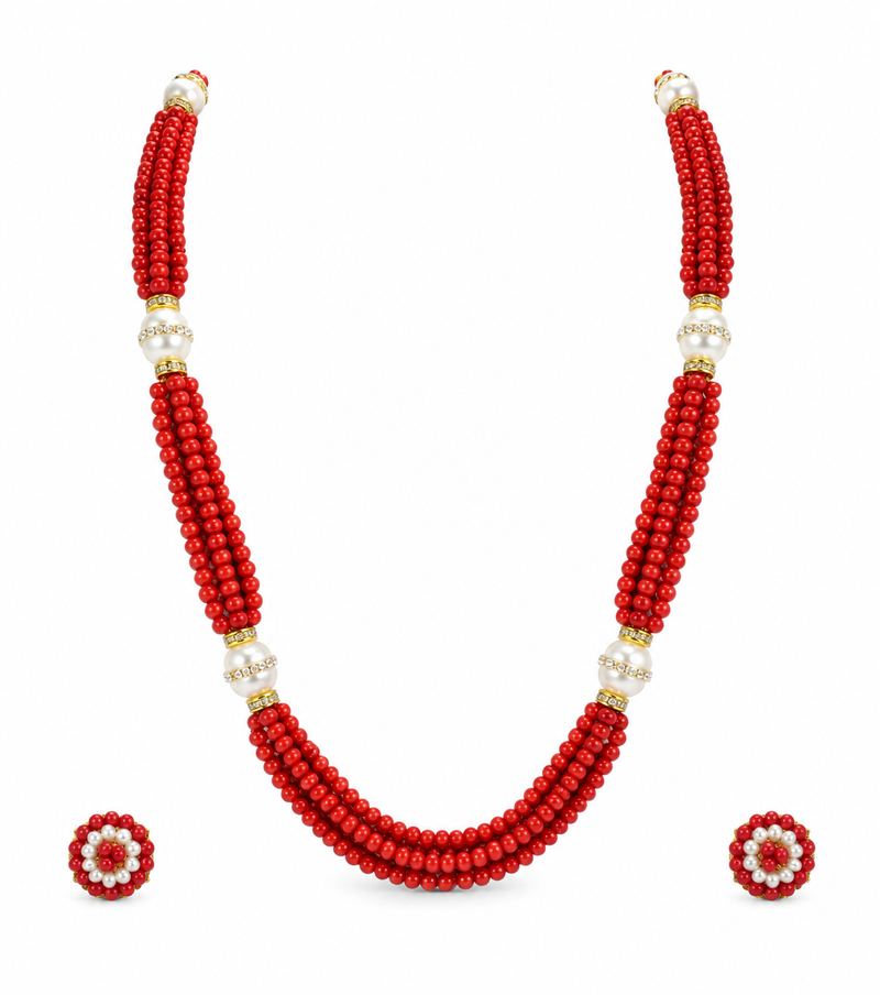 Red coral bead multi-strand necklace set with pearl earrings