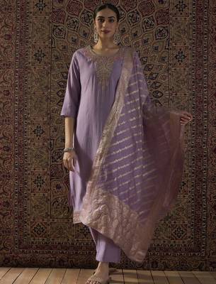 Ethnic Motifs Embroidered Round Neck Thread Work Kurta With Trousers & Dupatta 1