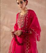 Floral Embroidered Straight Thread Work Kurta With Trousers & With Dupatta