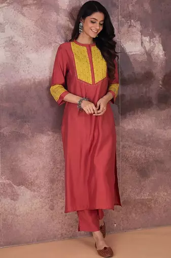 Self Design Round Neck Straight Kurta With Trouser