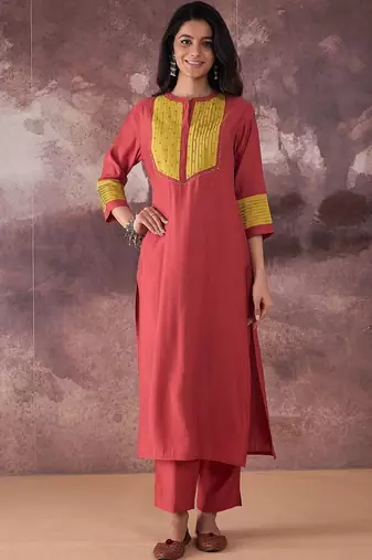 Self Design Round Neck Straight Kurta With Trouser
