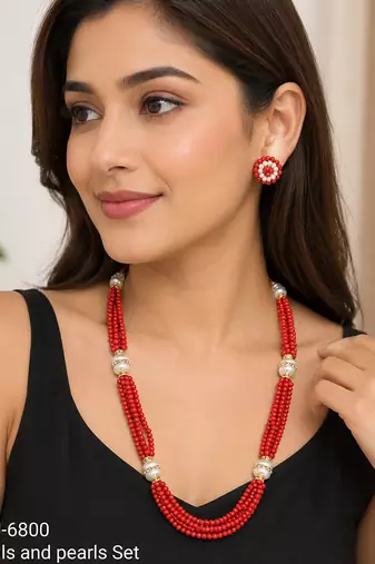 Red coral bead multi-strand necklace set with pearl earrings