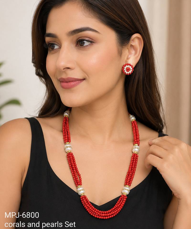 Red coral bead multi-strand necklace set with pearl earrings