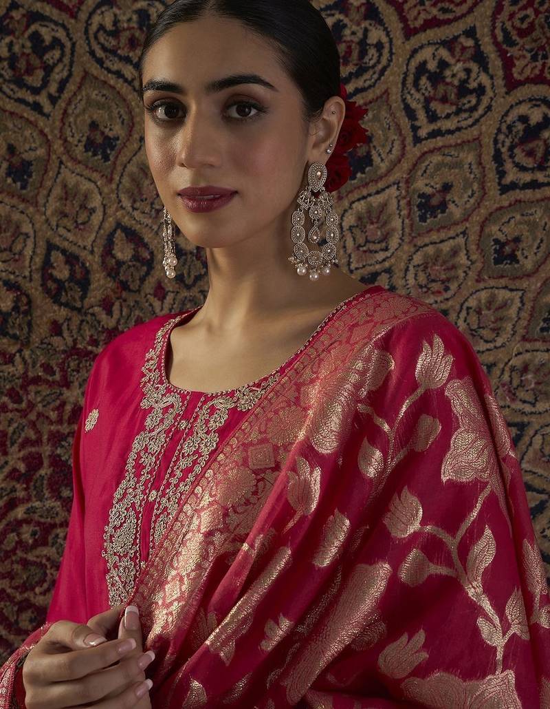Floral Embroidered Thread Work Round Neck Straight Kurta With Trouser & Dupatta