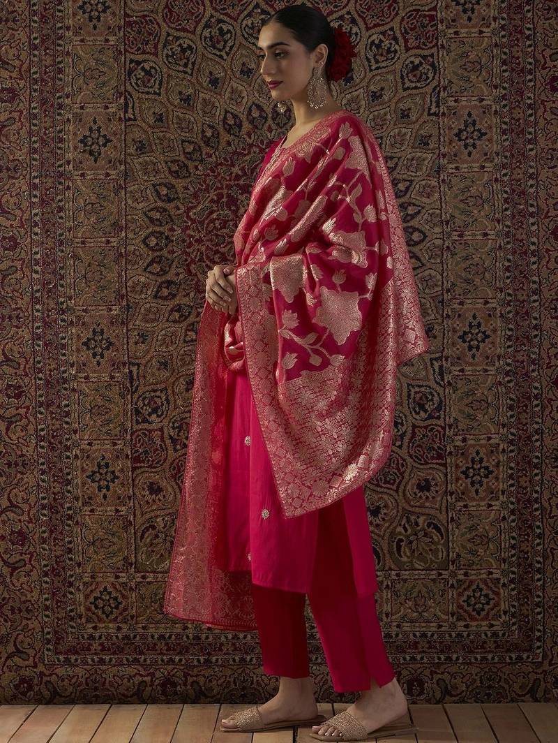 Floral Embroidered Thread Work Round Neck Straight Kurta With Trouser & Dupatta