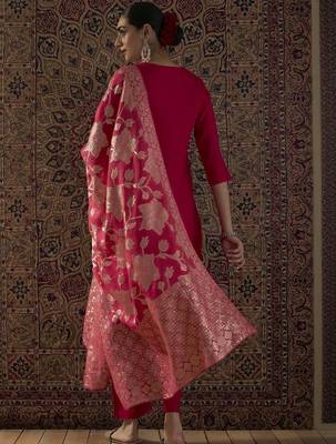 Floral Embroidered Thread Work Round Neck Straight Kurta With Trouser & Dupatta 5