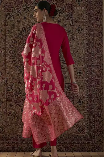 Floral Embroidered Thread Work Round Neck Straight Kurta With Trouser & Dupatta
