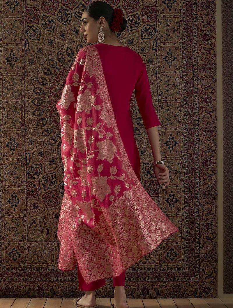 Floral Embroidered Thread Work Round Neck Straight Kurta With Trouser & Dupatta