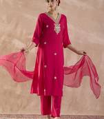 Ethnic Motifs Embroidered V-Neck Thread Work Kurta With Trousers & Dupatta