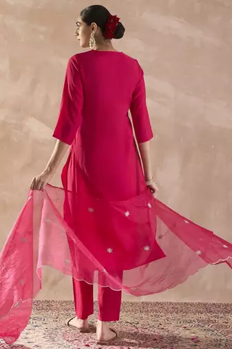 Ethnic Motifs Embroidered V-Neck Thread Work Kurta With Trousers & Dupatta