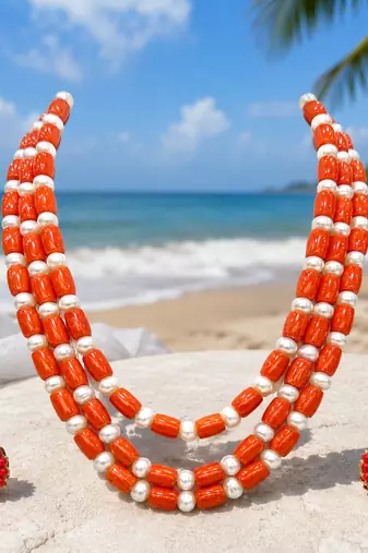 Coral beads & pearl 3-layer necklace set with stud earrings