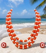 Coral beads & pearl 3-layer necklace set with stud earrings
