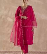 Floral Embroidered Regular Thread Work Straight Kurta With Trousers & Dupatta
