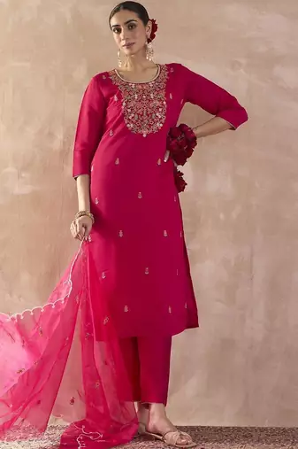 Floral Embroidered Regular Thread Work Straight Kurta With Trousers & Dupatta