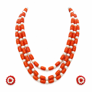 Coral beads & pearl 3-layer necklace set with stud earrings 2