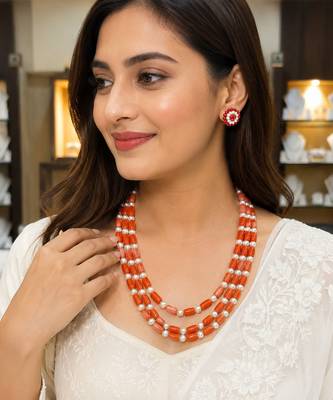 Coral beads & pearl 3-layer necklace set with stud earrings 3
