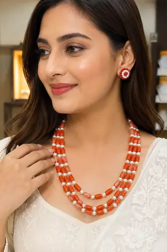 Coral beads & pearl 3-layer necklace set with stud earrings