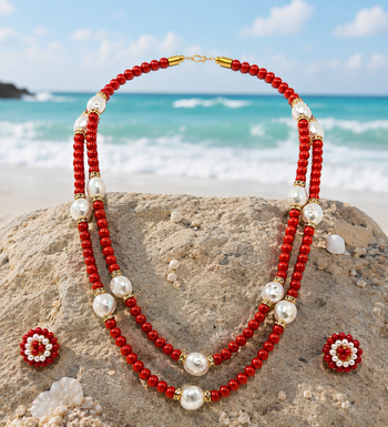 Red coral bead & baroque pearl double strand necklace set 1
