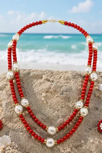 Red coral bead & baroque pearl double strand necklace set