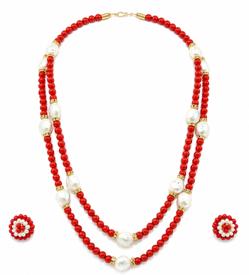 Red coral bead & baroque pearl double strand necklace set 2