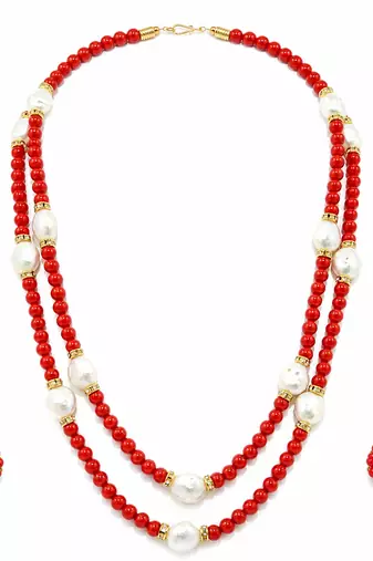 Red coral bead & baroque pearl double strand necklace set