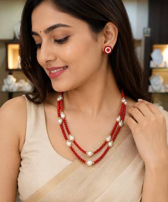 Red coral bead & baroque pearl double strand necklace set 3