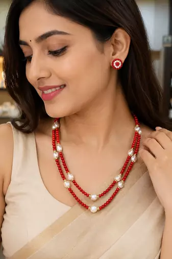Red coral bead & baroque pearl double strand necklace set