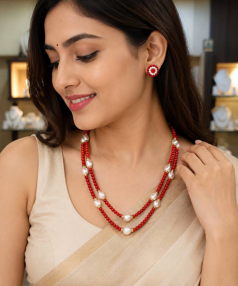 Red coral bead & baroque pearl double strand necklace set