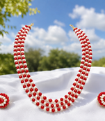 Red coral & white pearl 3-layer necklace and earrings set