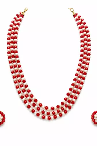 Red coral & white pearl 3-layer necklace and earrings set