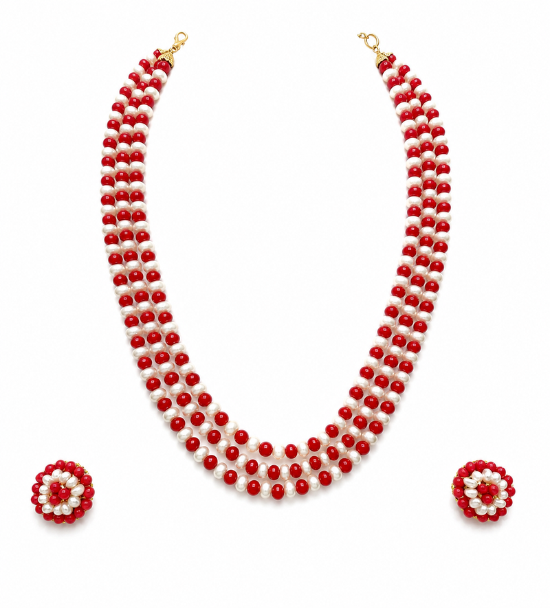 Red coral & white pearl 3-layer necklace and earrings set