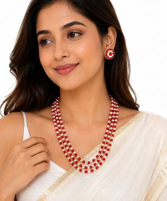 Red coral & white pearl 3-layer necklace and earrings set 3