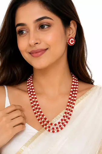 Red coral & white pearl 3-layer necklace and earrings set