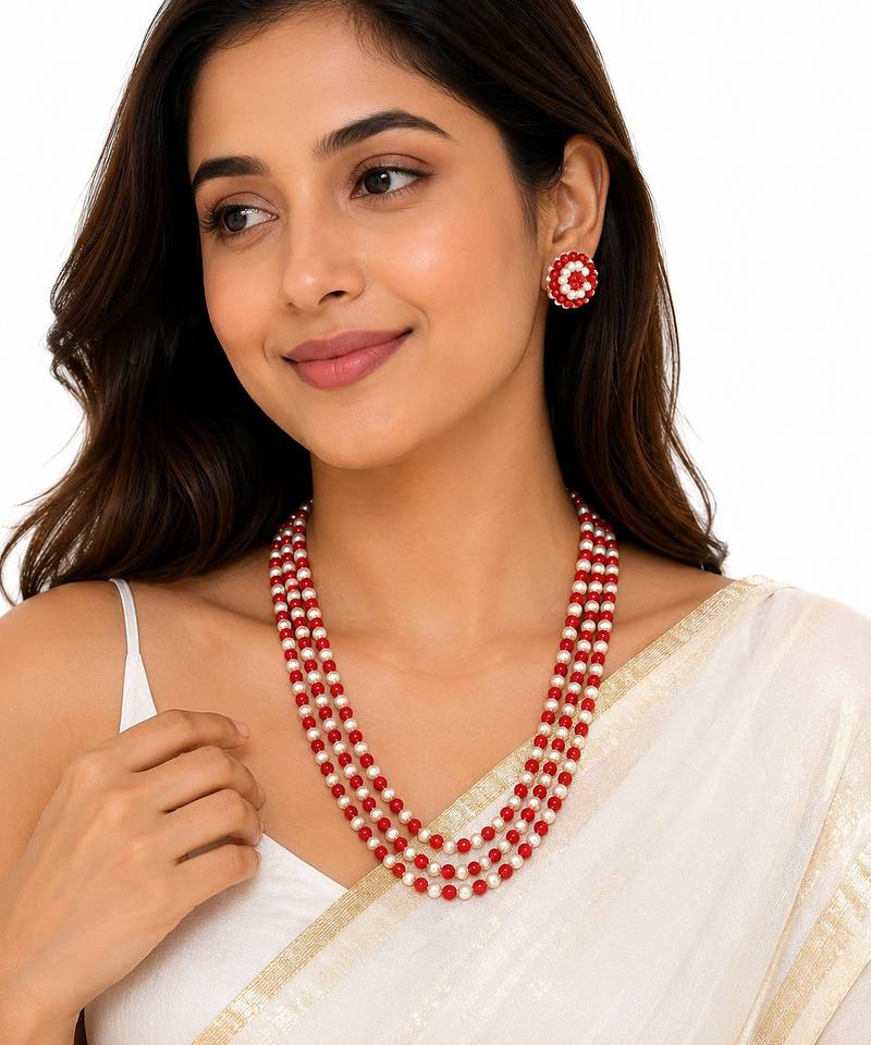 Red coral & white pearl 3-layer necklace and earrings set