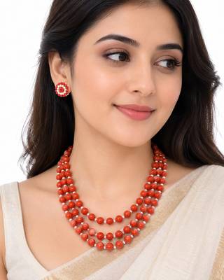 Red coral bead 3-layer necklace set with pearl stud earrings 1