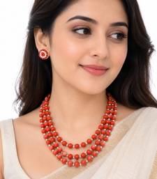 Red coral bead 3-layer necklace set with pearl stud earrings